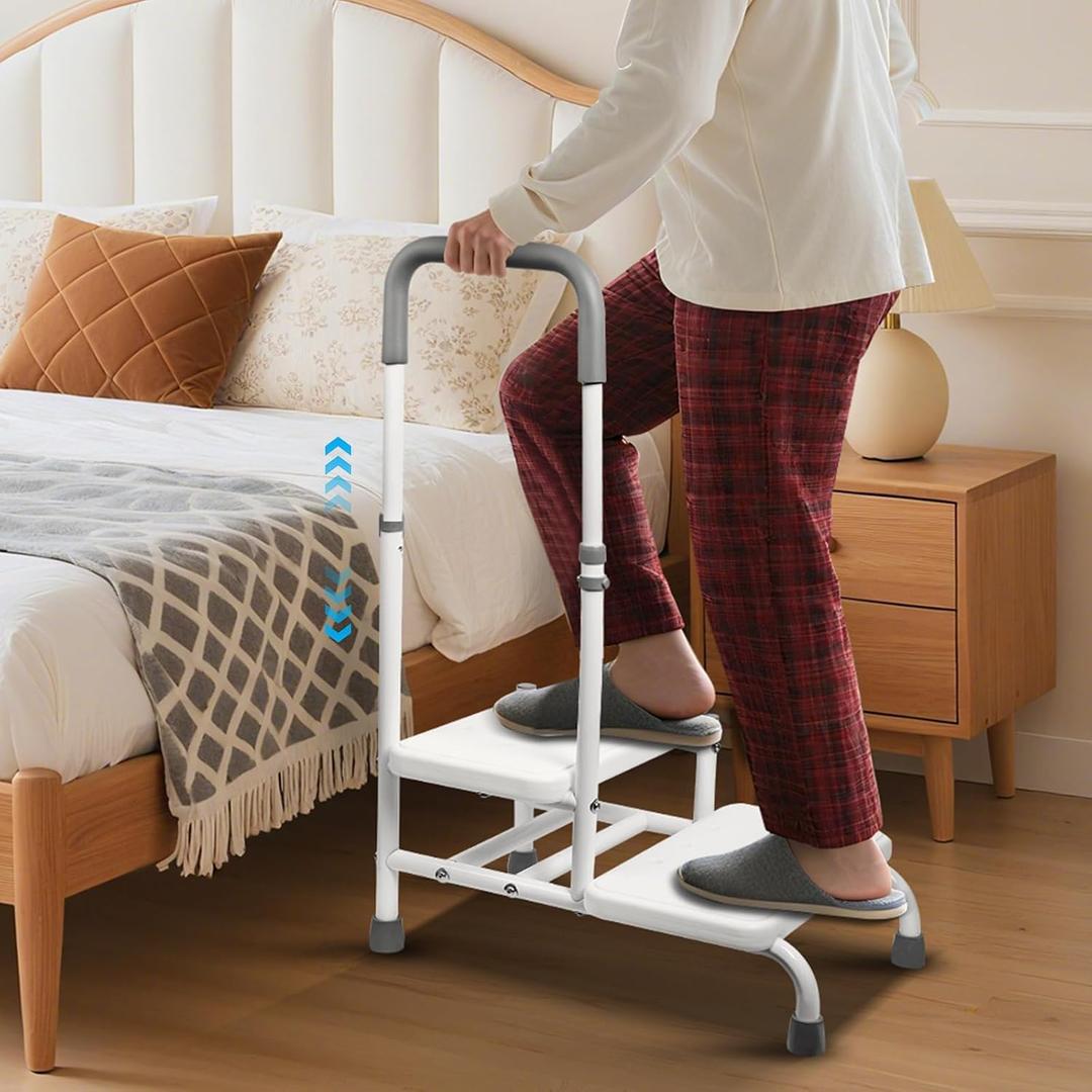 Adjustable 2-Step Stool with Handle Non-Slip Bathroom & Bedside Stool for Elderly, 5-Level Rail, 300lb Capacity, Safe Assist Stool for Seniors with Mobility Impairments