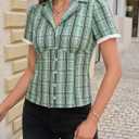 Tankaneo Womens Puff Sleeve Plaid Shirts Gingham Tops Y2k Summer Button Down Blouse Trendy Cute Fitted Going Out Tops (Green)