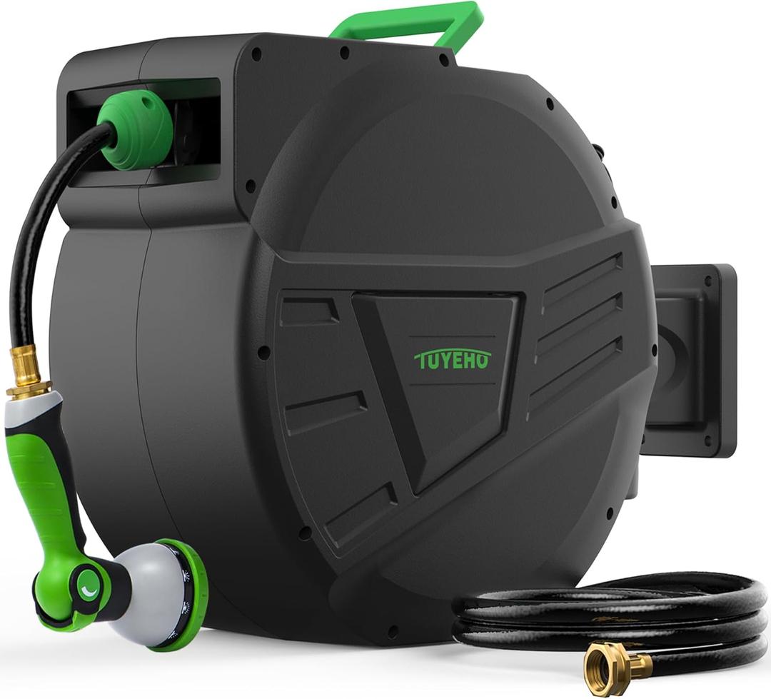 Tuyeho Retractable Garden Hose Reel 100FT, Wall Mount Heavy Duty Water Hose Reels with Automatic Slow Rewind System, Outdoor Hoses Reel with 2 Hose Nozzles for Garden Watering, Car Wash, Pet Shower