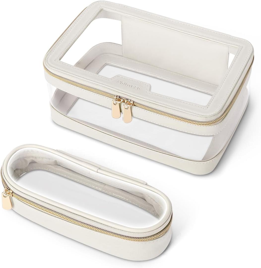 Soimeat Travel Clear Makeup Bag with Makeup Brush Bag, Leather Makeup Case Toiletry Bag, Portable Cosmetic Bag Case, Transparent Waterproof Cosmetic Organizer Storage Bag for Women, Medium, Off-White