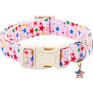 Elegant Little Tail 4th of July Dog Collar with Pendant, Patriotic Pink Stars Patriot Pattern Cotton, Sturdy Quick-Release Plastic Buckle, Girl Adjustable Pet Collar for Medium Dogs