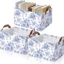 Boao 3 Pcs Blue Floral Storage Bin Wildflowers Collapsible Large Storage Baskets for Gifts Canvas Laundry Basket Foldable Box with Handle for Office Home Bedroom Clothes