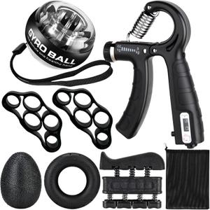 Hand Grip Strengthener Workout Kit (8 Pack) Forearm Grip Adjustable Resistance Hand Gripper, Finger Stretcher, Finger Exerciser, Grip RingGyro Ball