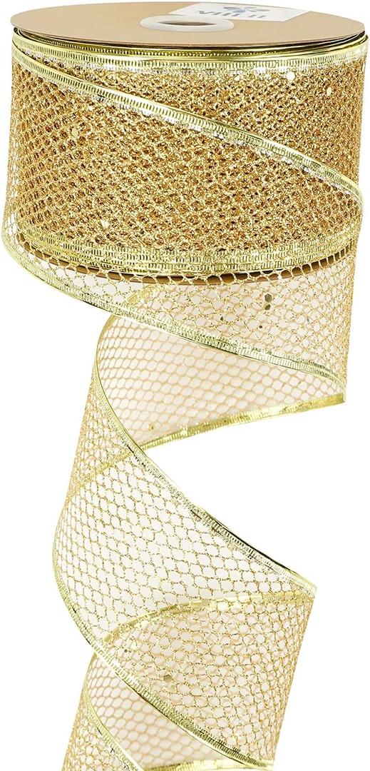 MEEDEE Glitter Wire Mesh Netting - Gold Christmas Ribbon, 2.5 Inch Wired Metallic Ribbon (25 Yards)