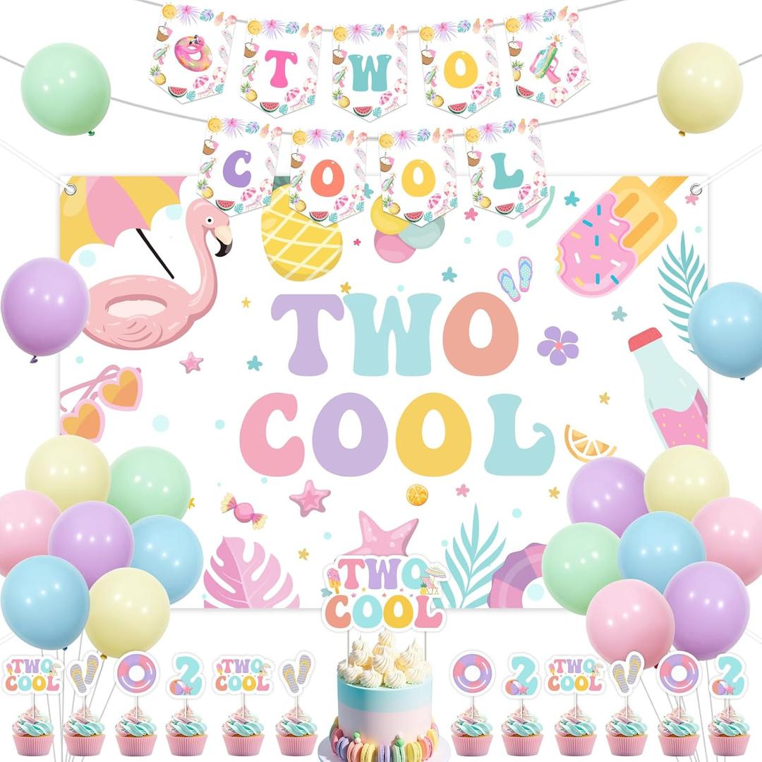 Pool 2nd Birthday Party Decoration Girl, Two Cool Birthday Party Decoration Backdrop Banner Cake Cupcake Topper Latex Balloon for Summer Swimming Beach Second Bday Decoration