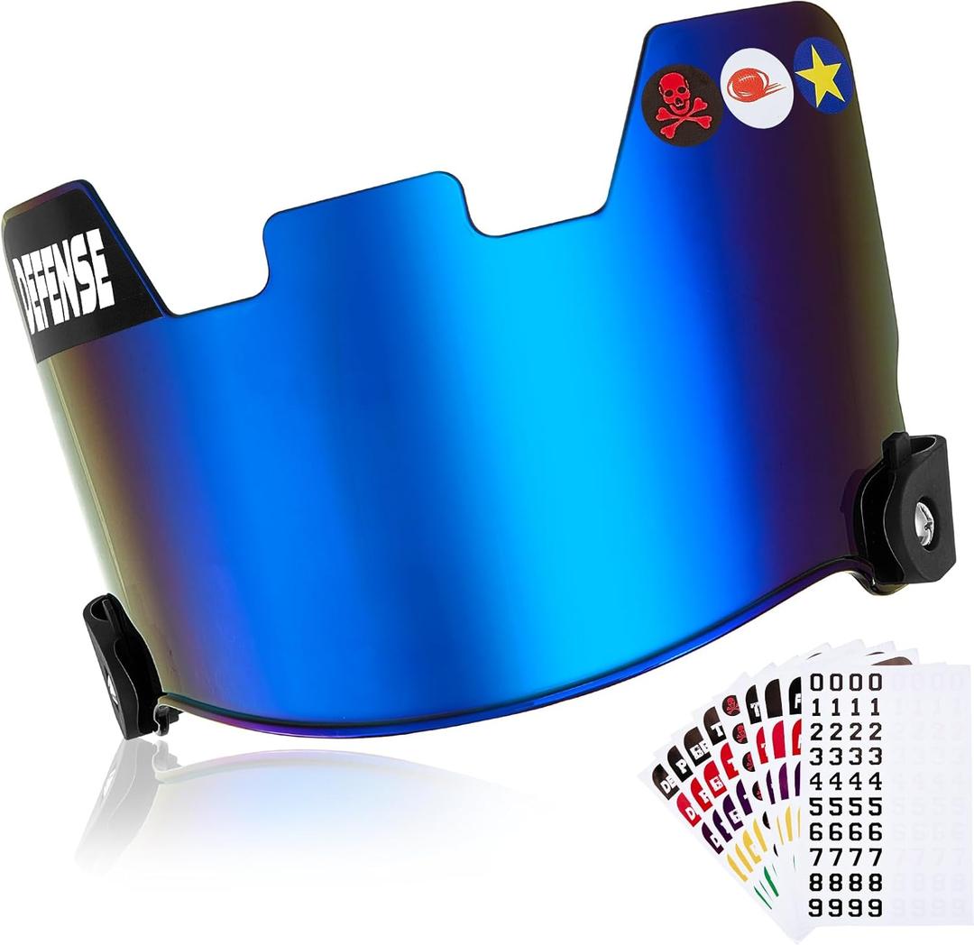 Universal Football Helmet Visor for Youth Adult Kids Football Visor for Helmet with 9 Set DIY Stickers and 2 Visor Clips Scratch Resistant Fog Lacrosse Football Eye-Shield Visor (Blue)