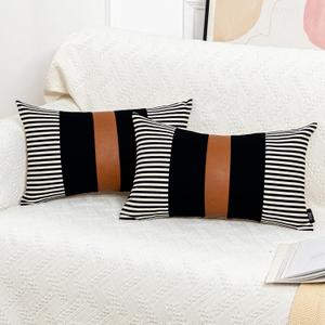 Vfuty Set of 2 Boho Decorative Throw Pillow Covers 18x18 Inch Farmhouse Stripe Pillow Case, Faux Leather Modern Cushion Cover for Living Room Couch Bed Natural Decor Pillowcase Black and Brown