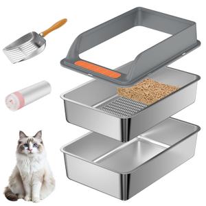 2PACK Stainless Steel Sifting Litter Box with Lid, XL Extra Large Sifting Cat Litter Box for Pine Pellets & Big Cats,Metal Pellet Sifter Litter Pan System for Odor Control,Sifting Box Liners & Scoop