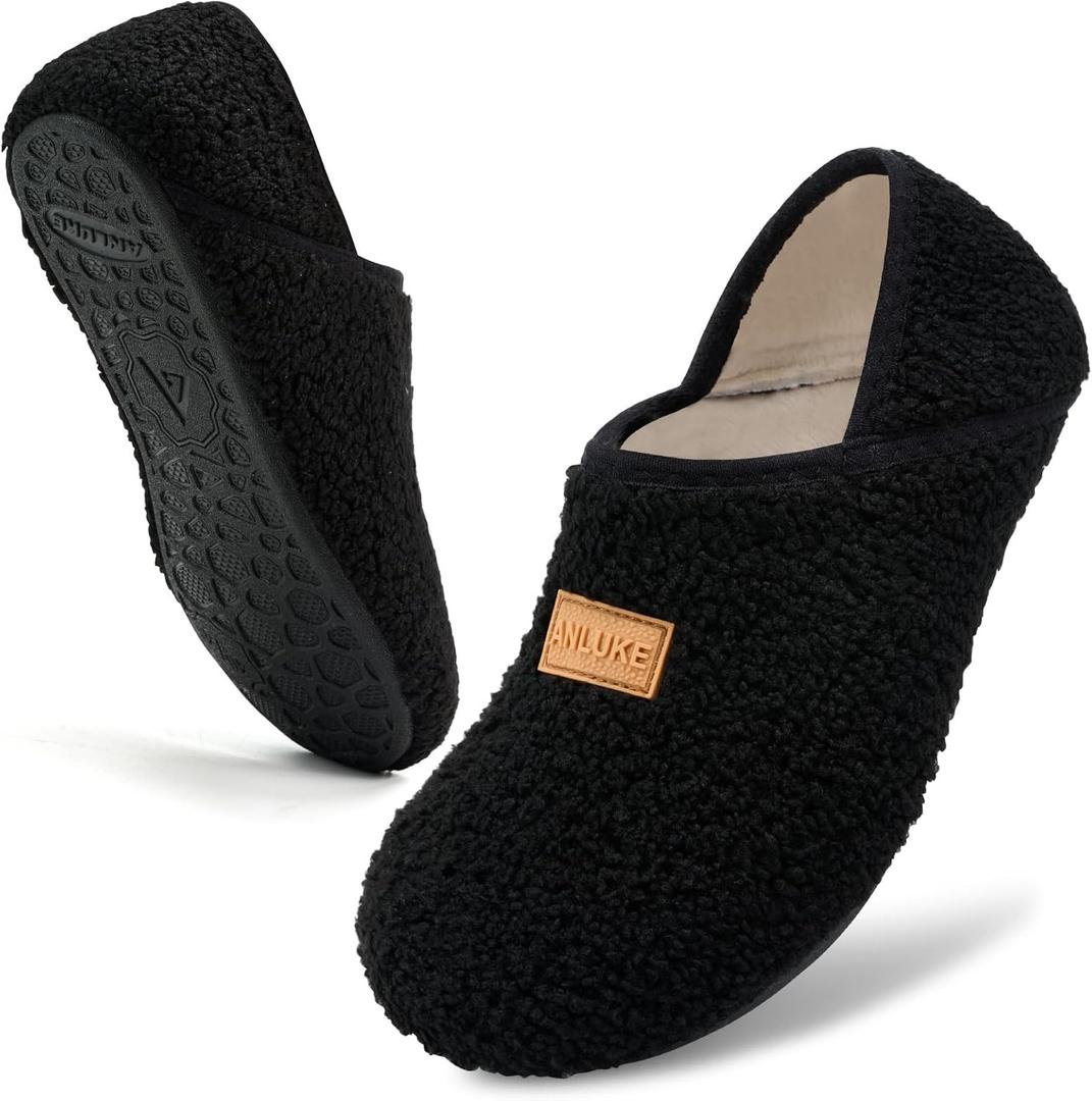 ANLUKE Slipper for Women Men Slipper Socks Fuzzy House Shoes Rubber Sole Slip On Soft-Lightweight Non Slip Indoor/Outdoor (10.5-11.5 Women/9.5-10.5 Men, Black)