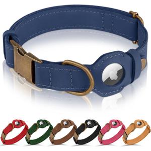 AirTag Dog Collar - Genuine Leather Dog Collar with Apple AirTag Holder and Metal Buckle - Smart GPS Tracking Pet Collars for Small Medium Large Dogs Puppy (Smoky Blue, S, 12"-15" Neck Fit)