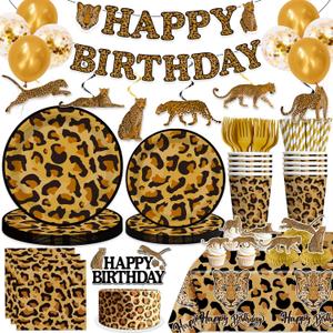cocomigo 204Pcs Cheetah Birthday Decorations Tableware Set Serves 25 Guests, Cheetah Print Supplies Include Banner, Plates, Balloons and Tablecloth Etc, for Leopard Birthday Decorations