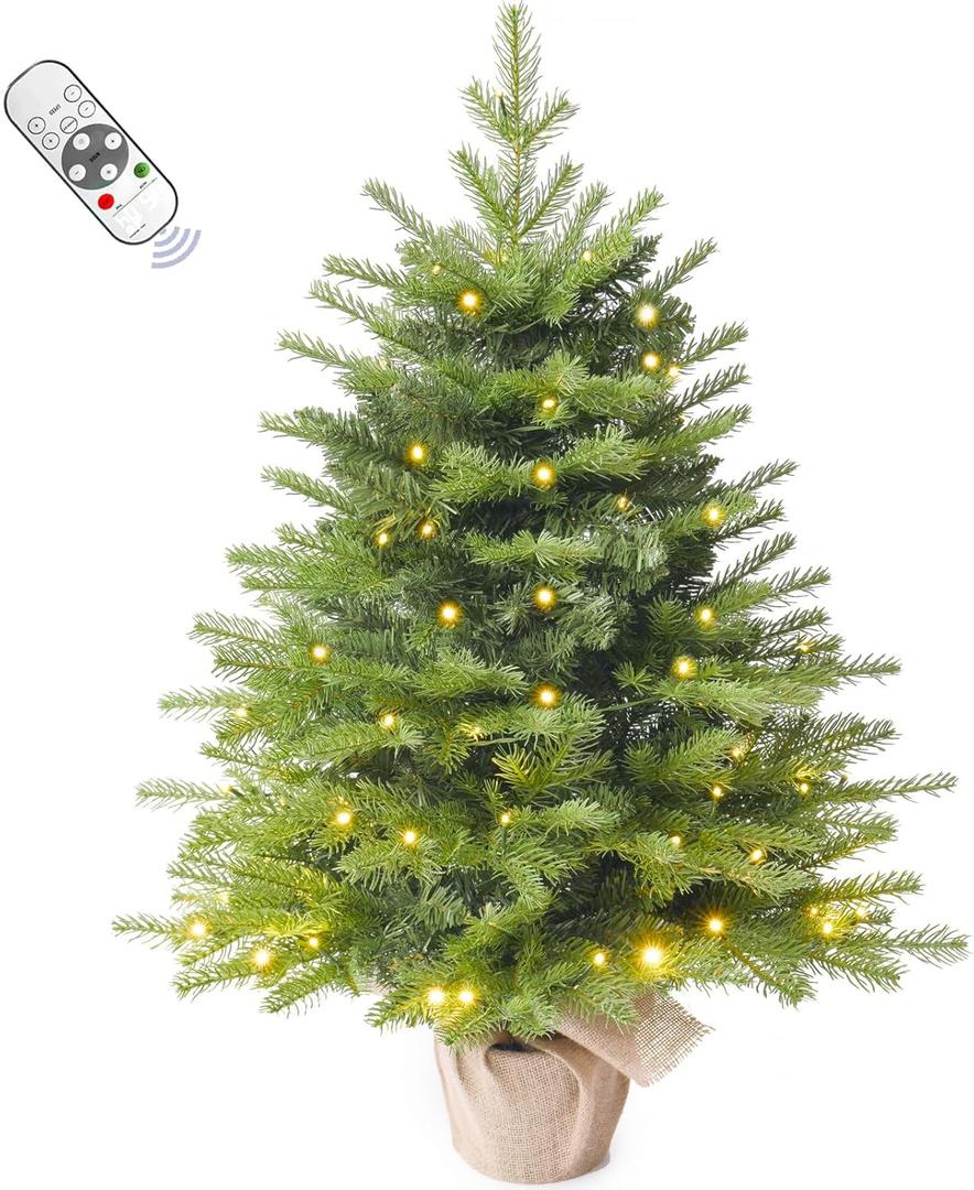 3FT Pre-lit Artificial Small Mini Christmas Tree with Warm White Multi-Color LED Lights, Remote Control and Timer, Perfect for Xmas Tabletop Decorations, Home, Kitchen, Dining Table top Green