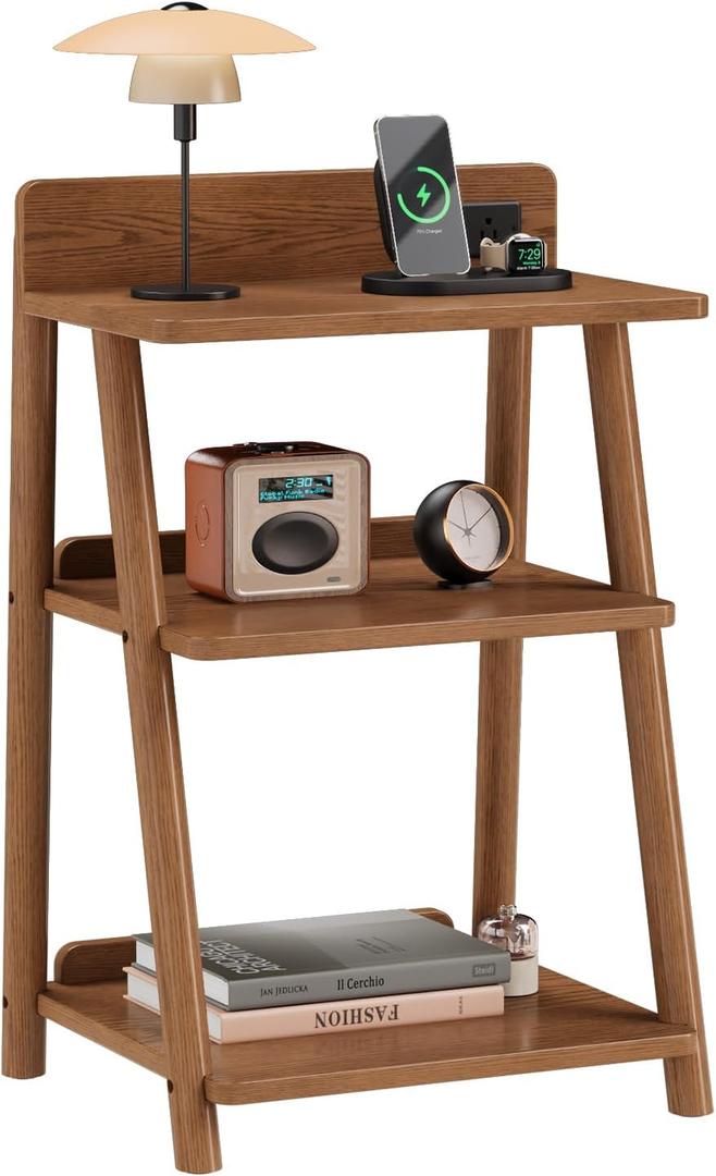 Solid wood End Table with Charging station, 3-Tier Ladder Nightstand,Walnut Rubber Wood Side Table with Open Storage, Heavy Duty Stable Trapezoid Frame Accent Table for Living Room, Bedroom 11.85"D x 20.47"W x 32.17"H