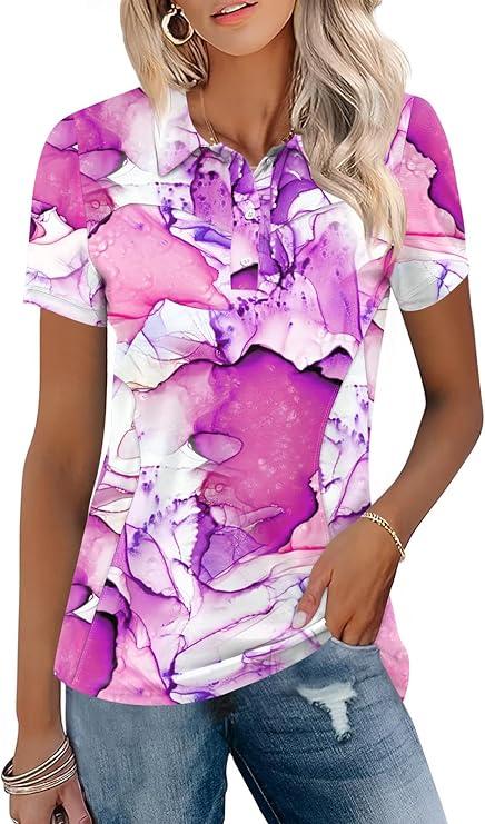 TFSDOD Womens Golf Polo Shirts Collared Short Sleeve T Shirt Lightweight Moisture Wicking Polo Casual 3 Buttons Outfits, Size L
