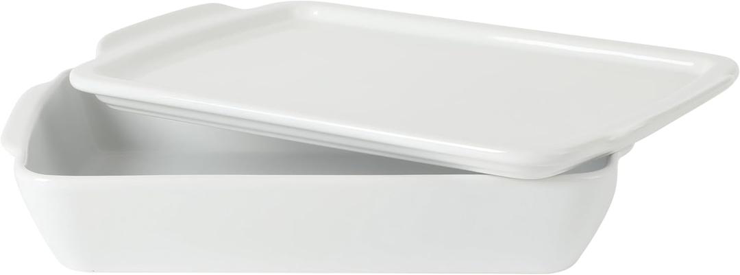 Gibson Home Gracious Dining 2.6-Qt White Stoneware Covered Baking Dish w/Multi-Purpose Lid  12.7" x 9" Rectangular Oven Safe Casserole, Lasagna & Roasting Baker, Lid Doubles as Serveware or Trivet