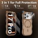 3 in 1 Magnetic for iPhone 17 Pro Case for Women Girls,1X Screen Protector+1X Camera Lens Protector,Compatible with MagSafe,Translucent Matte,Cute Cat-Ear Wavy Phone Case,6.3",Brown