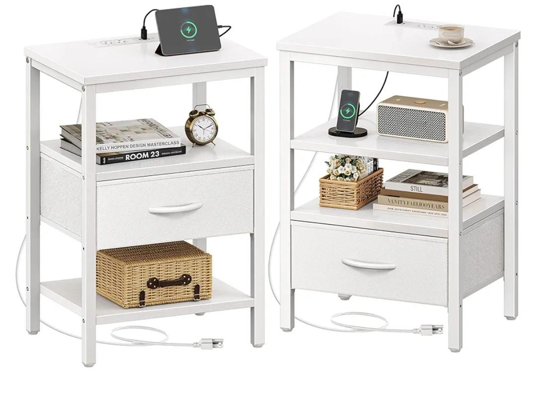 SUPERJARE Nightstand Set of 2, Bed Side Tables with Charging Station, Adjustable Fabric Drawer, Night Stand for Bedroom, 3-Tier Storage End Tables, White, 8694WC