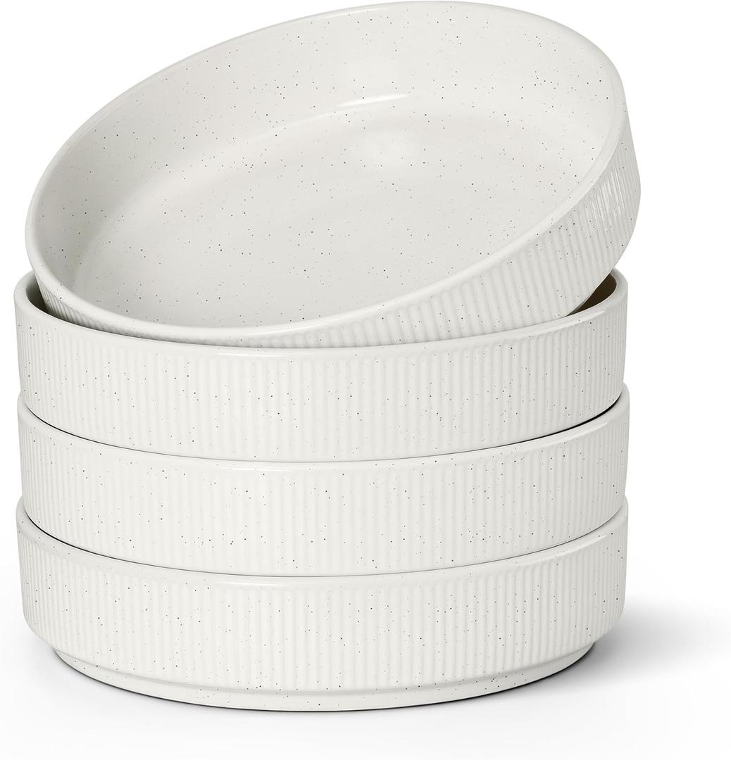 E-far Pasta Bowls Set of 4, 35oz Large Salad Bowl Plate for Dinner Serving Soup, Wide & Shallow Ceramic Stoneware Pasta Plates, Microwave & Dishwasher Safe, Textured Stripes & Speckled White, 8