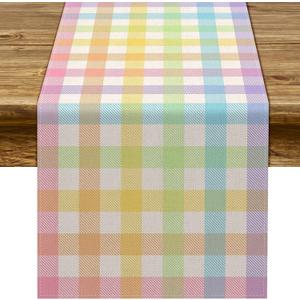 Pudodo Easter Buffalo Plaid Check Table Runner Spring Holiday Farmhouse Fireplace Kitchen Dining Room Home Party Decoration (13" x 108")