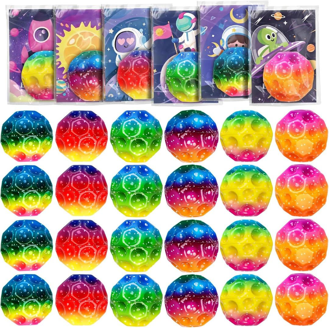 24 Pcs Moon Bouncy Balls Bulk with Cards Multicolored Stress Space Balls Party Favors School Classroom Gifts Exchange Goodie Bags Outdoor Sport Toys for Toddlers Boys Girls Kids Teens