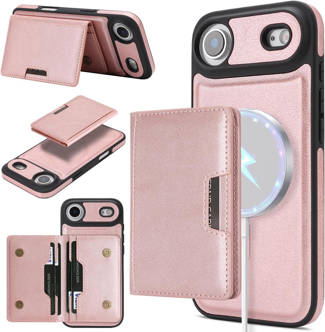 Magnetic case for iPhone Air, with a Detachable Wallet case, Magnetic Attraction Design, Supports Wireless Charging, Made PU Leather, Shockproof Protection (Rose Gold)
