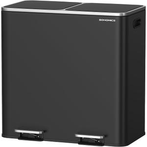 SONGMICS Trash Can, 2 x 10.6 Gallon (2 x 40 L) Garbage Can for Kitchen, with 15 Trash Bags, 2 Compartments, Plastic Inner Buckets and Hinged Lids, Airtight, Black ULTB730B80