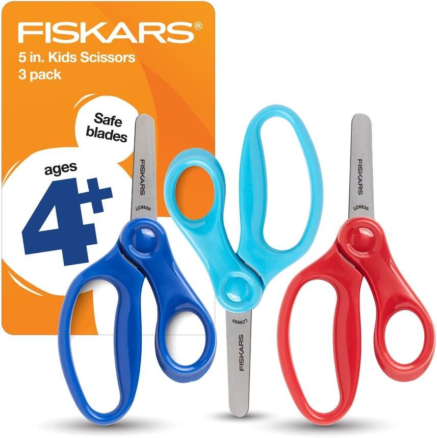 Fiskars 5" Blunt-Tip Kids Scissors for Kids Ages 4-7, Scissors for School or Crafting, Back to School Supplies,3 Pack