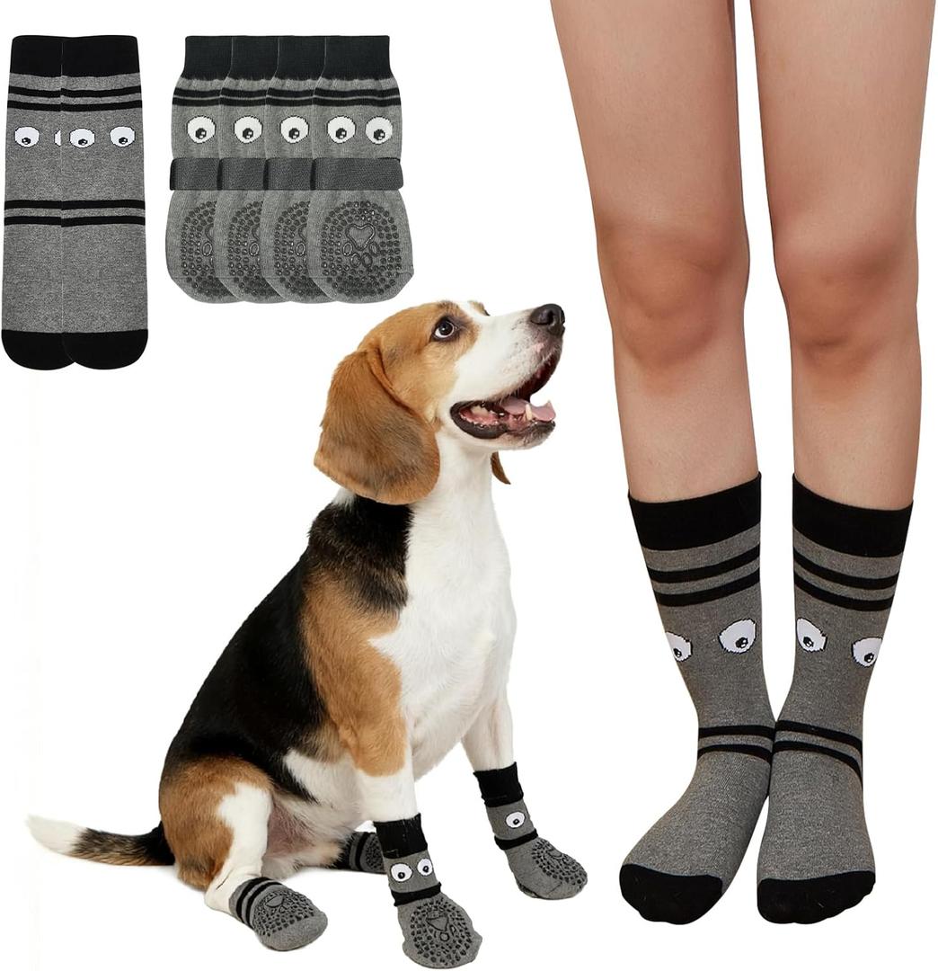 Non-Slip Dog Socks & Owner Sock Set- Extra-Grip, Paw Protection for Senior & Active Dogs(Grey, 2XL)
