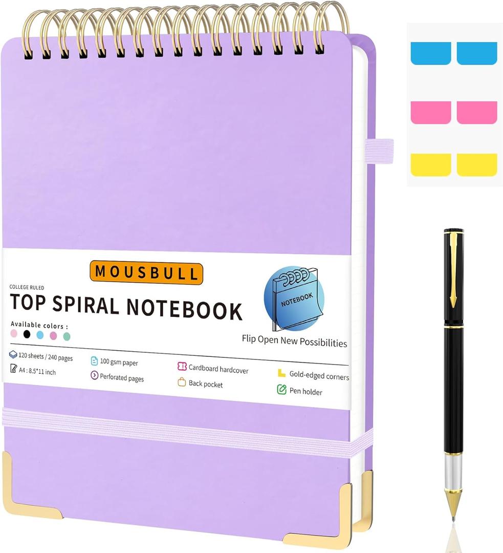 Top Spiral Notebook, A4 Hardcover Top Bound Steno Pads, 240 Pages 100gsm College Ruled Left Handed Notebook Journal for Work, School, Meeting Writing - Purple, 8.5" x 11"
