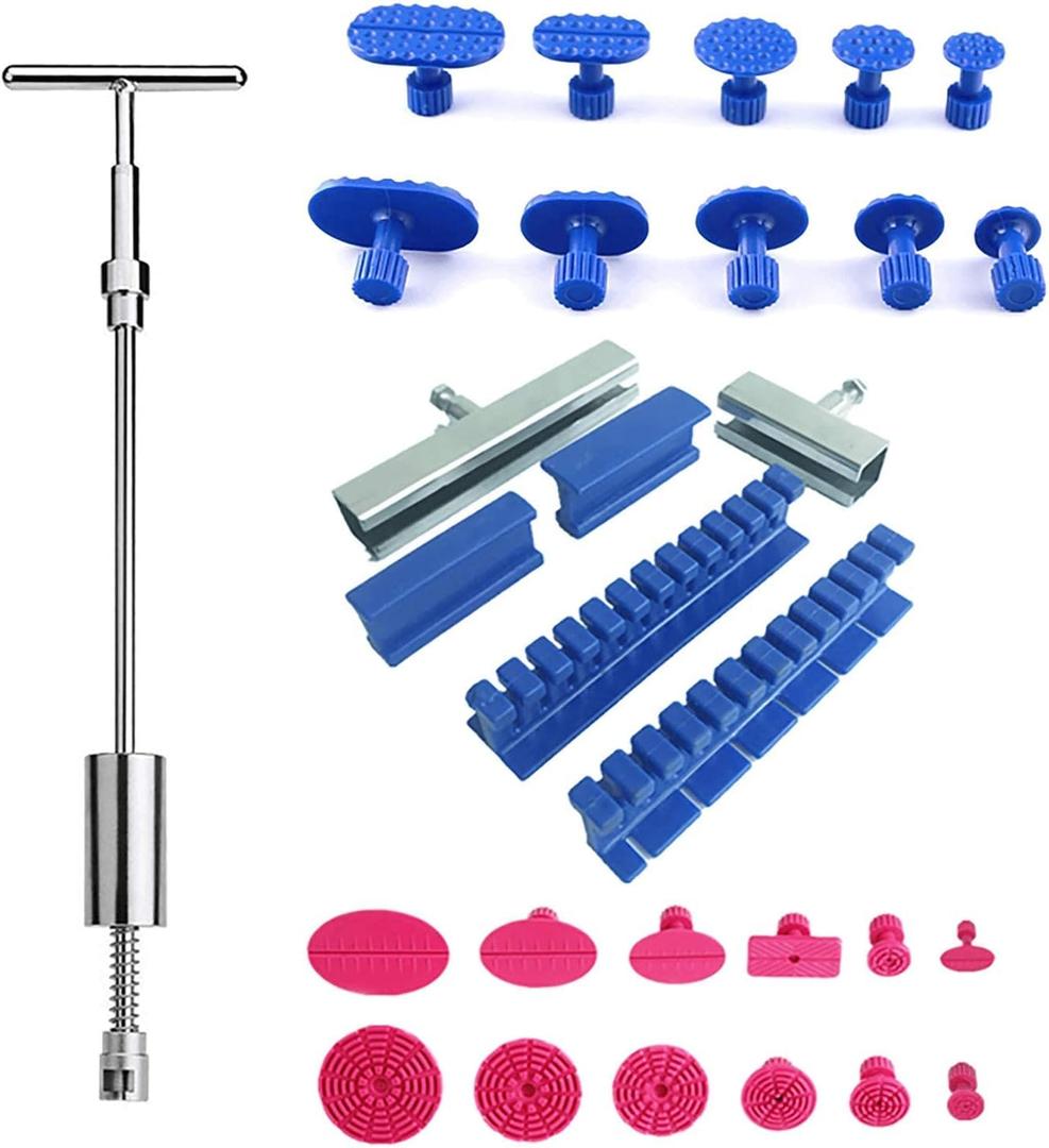 2 in 1 Slide Hammer Dent Puller, Paintless Dent Removal Car Dent Suction Puller, T Bar Dent Puller with 22 Suction Dent Puller Tabs, 2 Stainless Steel Grooves & 4 Puller Lines