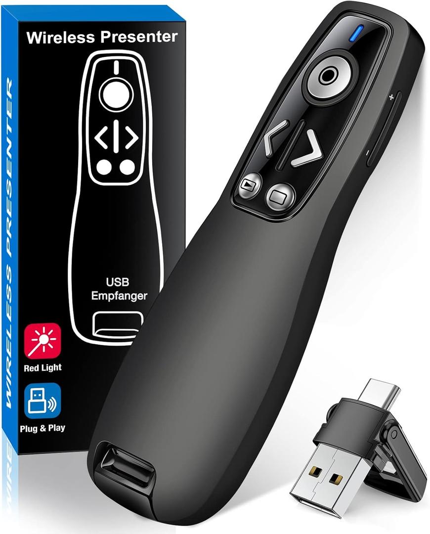 2-in-1 USB Type C Presentation Clicker Wireless Presenter Remote for PowerPoint, Powerpoint Clicker with Volume Control PowerPoint Slide Advancer for Mac, Computer, Laptop-E600
