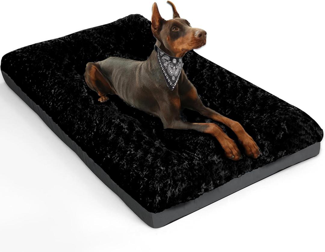 POCBLUE Deluxe Washable XL Dog Bed Dog Crate Mat 42 inch Comfy Fluffy Kennel Pad Anti-Slip for Dogs Up to 90 lbs, 42" x 28", Black (42.0"L x 28.0"W x 3.5"Th)