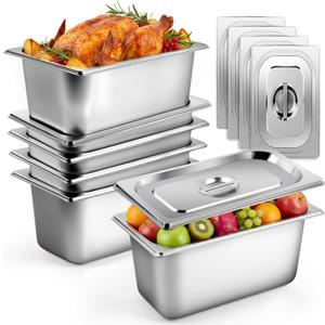 West Bay 6 Pack Hotel Pans with Lids, 1/3 Size 6-Inch Deep Stainless Steel Steam Table Pans, Metal Food Pans for Catering, Buffet, Restaurant & Kitchen Storage