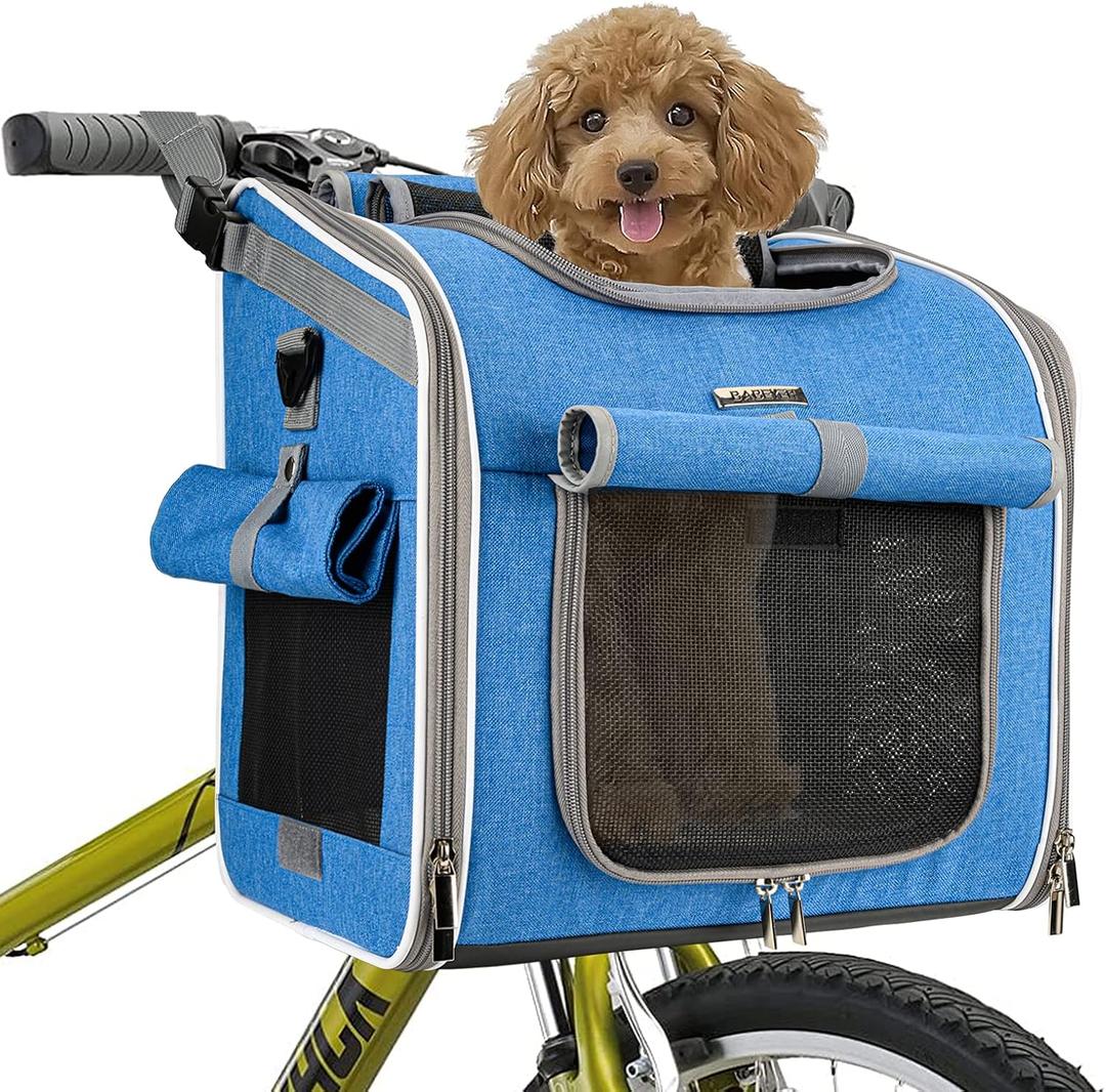 Dog Bike Basket, Expandable Soft-Sided Pet Carrier Backpack with 4 Open Doors, 4 Mesh Windows for Small Dog Cat Puppies - Blue (Blue-Fits 10-18 Lbs)