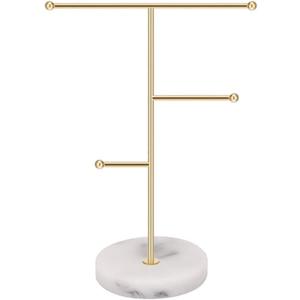 Jewelry Organizer, Solid Marble Gold T-Bar Necklace Display Stand Earrings Holder for Home with Marble Pattern Round Tray Jewellery Stand for Necklaces, Bracelets, Earrings, Rings and Watches