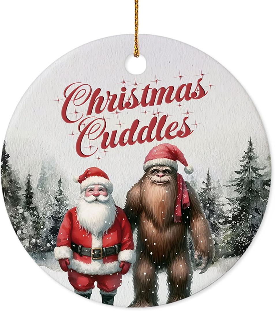 Christmas Ornament - Christmas Cuddles Ceramic Ornament, Funny Santa and Bigfoot Ornament, for Cryptid Lovers, Sasquatch Tree Decoration
