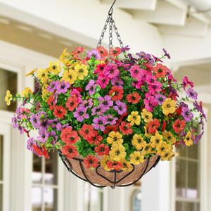 Waipfaru Artificial Flowers for Outdoors, Fake Hanging Plants Flowers with Basket, Faux Green Plant in Metal Coconut Lining Pot, Daisy with Eucalyptus Leaves for Garden Spring Summer Decor(Colorful) (1pcs)