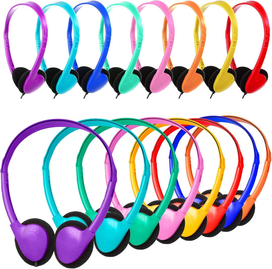Kids Headphones Bulk for Classroom School 12 Pack,Class Set Headsets for Students School Classroom Boys Girls Children Teens Adults 3.5mm Jack Multi Colored