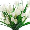 6 Bundles Tulips Artificial Flowers,30 Heads Outdoor Artificial Tulip Faux Plastic Greenery Shrubs Plants UV Resistant for Easter Home Outside Garden Porch Window Decor (White)
