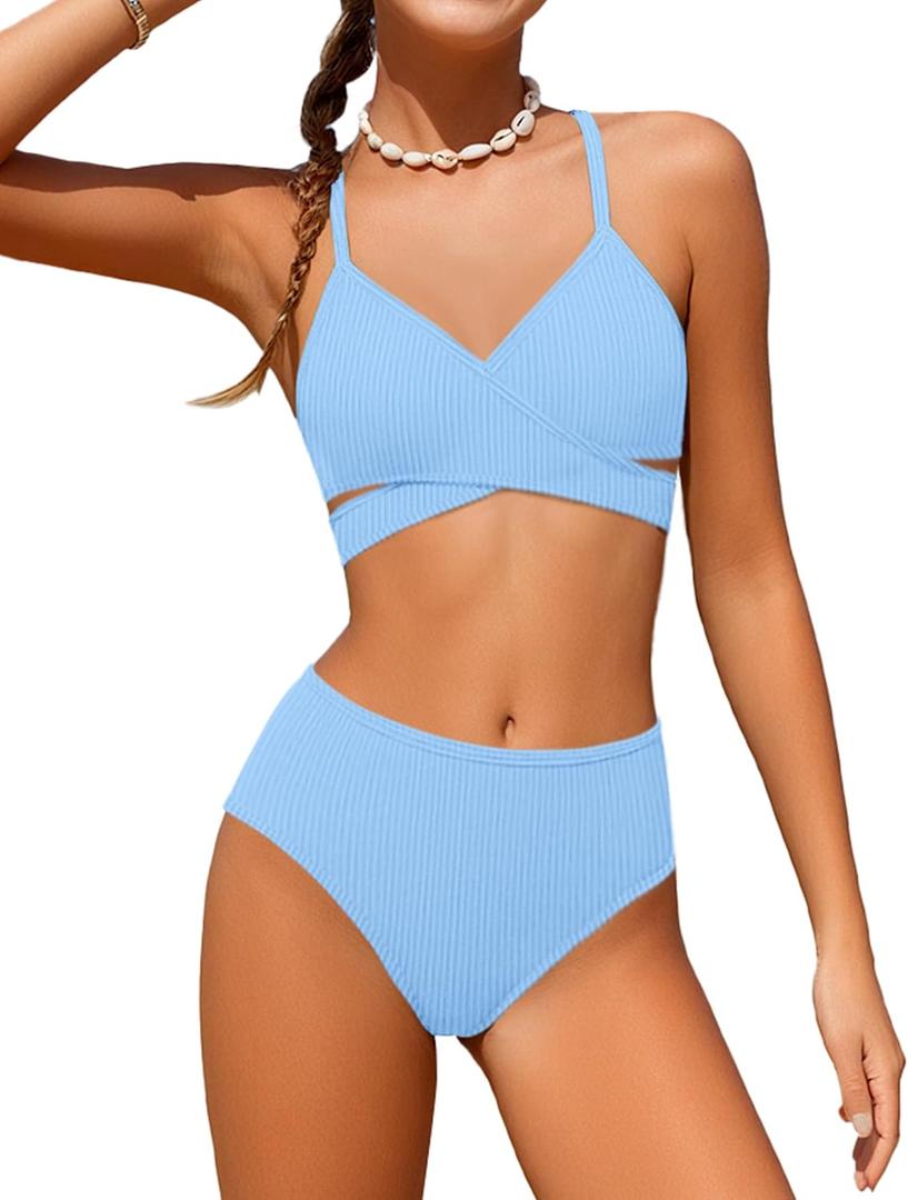 Girls Swimsuit Bikini Set,Criss Cross Bathing Suits for Girl Two Piece Solid Color Girls' Swimwear for 7-16 Years (11-12 Years, Light Blue)