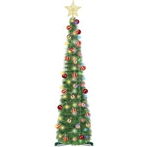 5 Ft Pop Up Christmas Tinsel Tree with Timer Warm White & Multi Color Change Lights Battery Operated Pencil Christmas Slim Tree with 25 Ball Ornaments & Star Xmas Home Indoor Holiday Decor (Green)