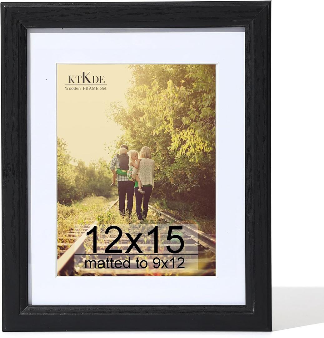 KTKDE 12x15 Picture Frame,Display Pictures 9 x12 with Mat or 12x15 Without, Tempered Glass,15 by 12 Black Wooden Frame Wall Gallery Poster Frame best gift