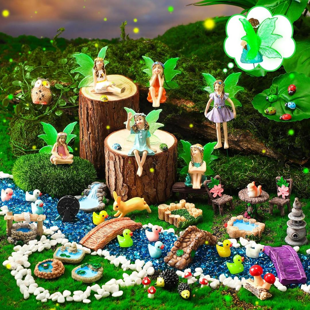 Shellwei 25 Pcs Garden Accessories Miniatures Small Fairies Kit with Luminous Wings Animals Cute Tiny Mushroom Mini Pond Bridge Figurine Micro Landscape Ornaments for Home Garden