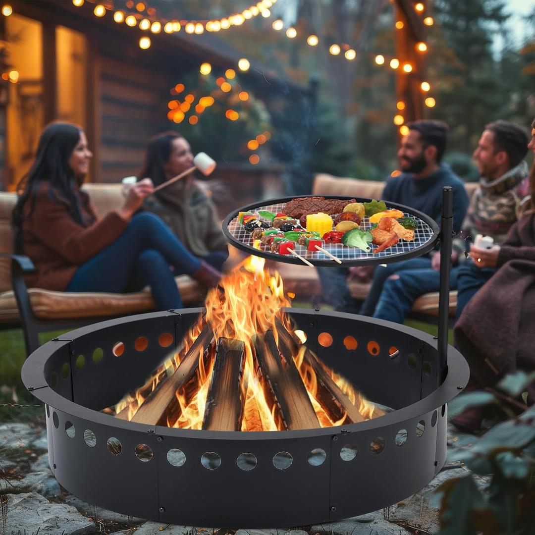 48 Inch Smokeless Fire Pit Ring with Grill Fire Ring for Outside Heavy Duty Metal Firepit Insert Round Steel Large Above/In-Ground Camping Firepit for Outdoor Camping Patio Picnic BBQ Garden