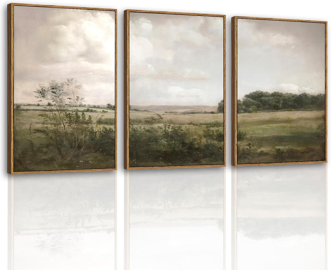 VIYYIEA Large Framed Canvas Wall Art, 3 Pcs Above Bed Wall Decor, Nature Farm Vintage Landscape Paintings Decor for Living Room, 16x24inch, 24L" x 16W" x 3
