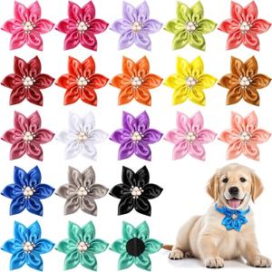 Reginary 20 Pcs Dog Collar Flowers, Pet Flower Bow Ties Multi Color Dog Charms Flower 3.35 Inch for Puppy Cat Pet Collar Grooming Accessories