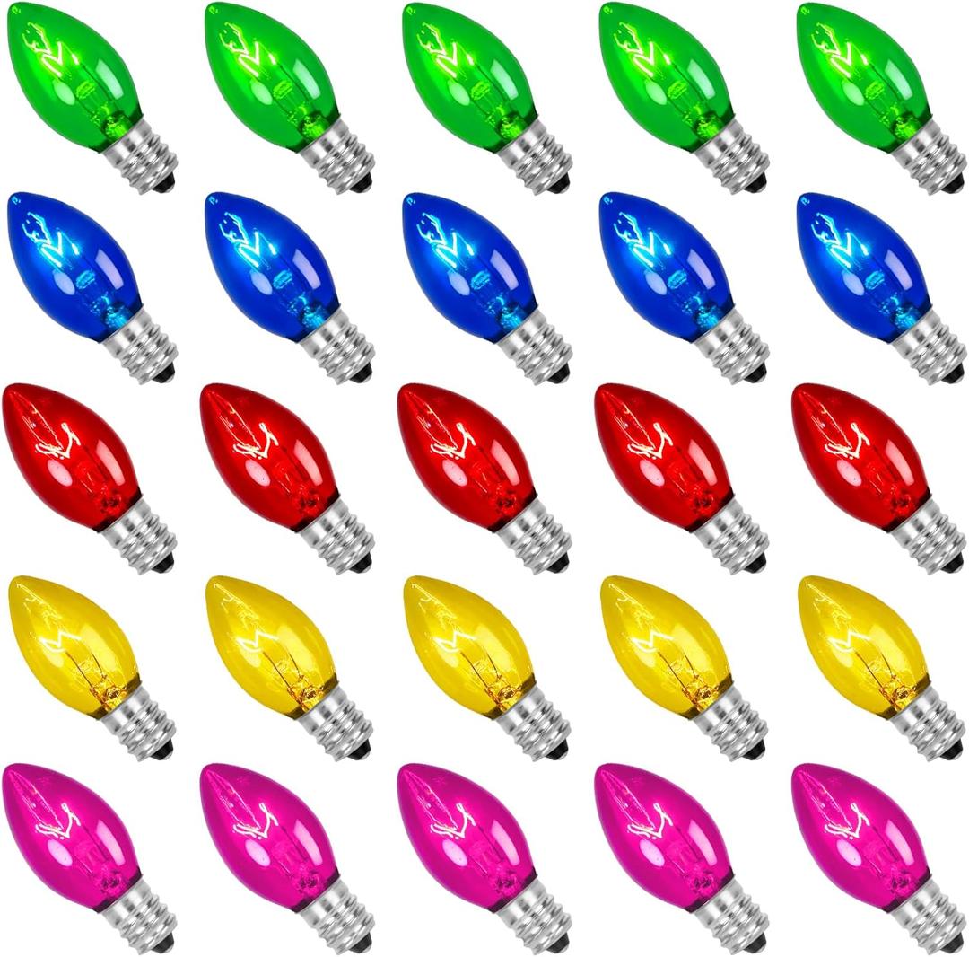 GOOTHY 25 Pack C7 Multicolor Christmas Light Bulbs, C7 Ceramic Colorful Incandescent Christmas Replacement Bulbs for Outdoor String Lights, E12 Candelabra Base Night Light Bulb, 5 Watt Candles Bulbs
