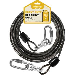 Petbobi Heavy-Duty Dog Tie-Out Cable - 20FT Extra Strong Wire Cable for Large Pets Up to 300Lbs, Rust Proof Dogs Leash with Carabiners and 360 Swivel, Pet Leads for Yard Camping Outside, Black