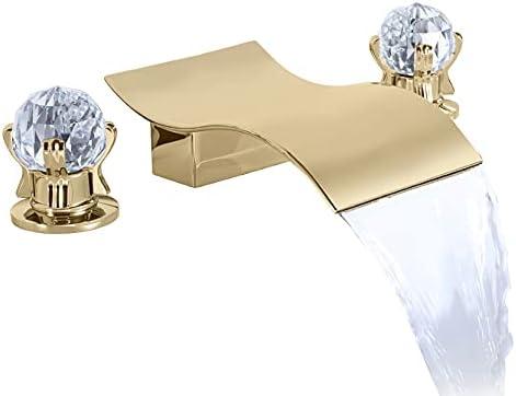 DEOLER Widespread Bathroom Sink Faucet with Crystal Knob 3 Hole Waterfall Vanity Faucet 8 Inch Crystal Bathroom Faucets Deck Mount Basin Mixer Tap with Hose, Polished Gold