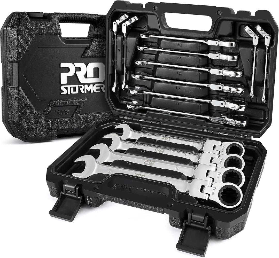 Prostormer 14-Piece Metric Flex-Head Ratcheting Wrench Set, 6-19mm Combination Wrench Kit with Storage Case, 72 Tooth, Cr-V Steel Constructed